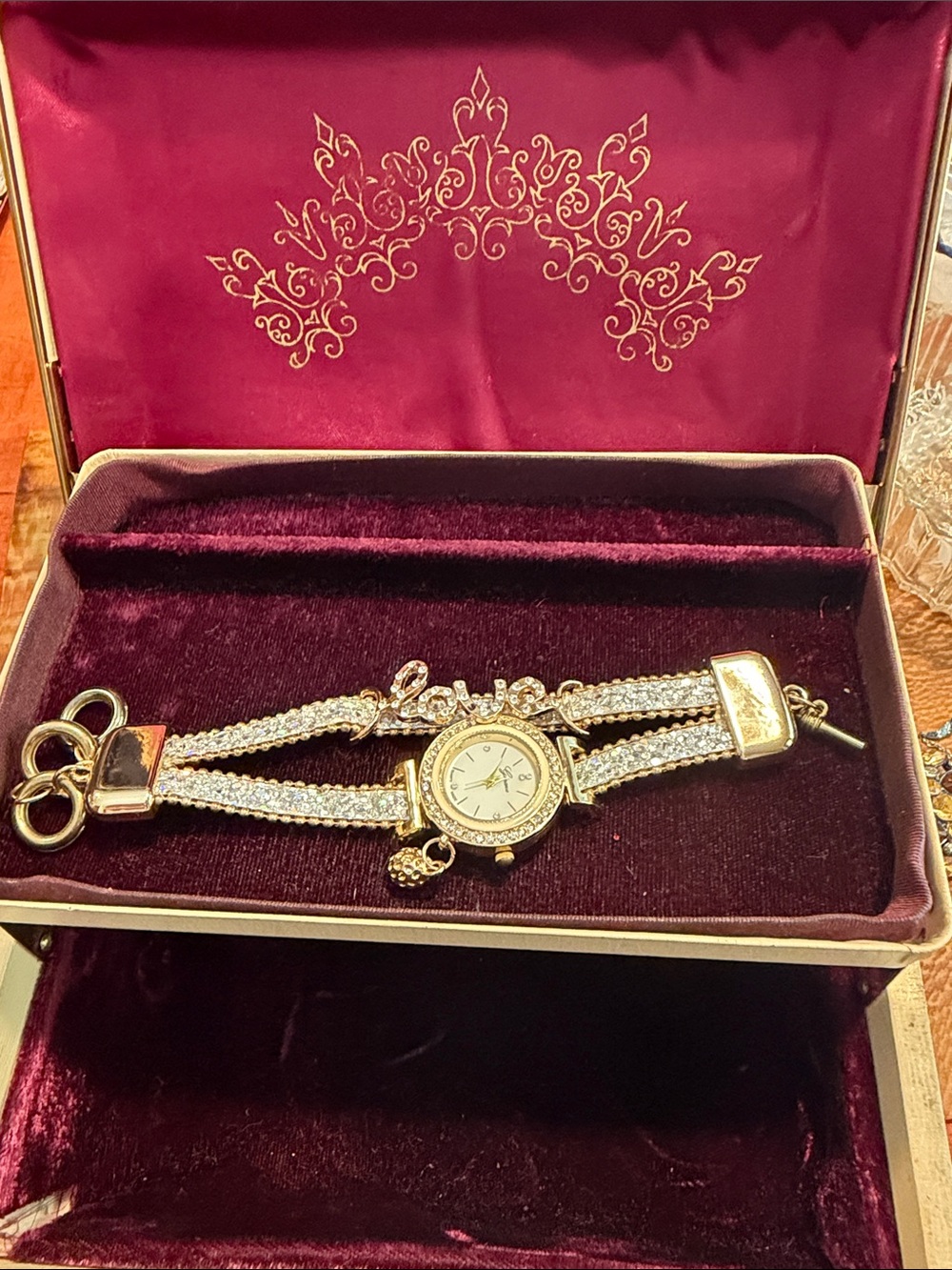 Gold and White Crystal Women's Bracelet Watch - Love Charm